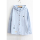 Cute Dragonfly Embroidered Button Front Long Sleeve Drawstring Hem Hooded Jacket