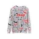 Letter Cat All Over Print Round Neck Long Sleeve Pullover Sweatshirt