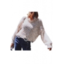 Round Neck Long Sleeve Ripped Detail Colorful Pom Pom Embellished Chic Cropped Sweater