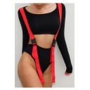 Sexy Round Neck Buckle Straps Front Long Sleeve Hollow Out Bodysuit