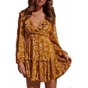 Lace Up Back V Neck Ruffle Detail Floral Printed Long Sleeve Mini A-Line Dress
