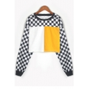 Color Block Contrast Plaid Round Neck Long Sleeve Cropped Sweatshirt