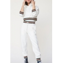 Contrast Striped Rib Knit Trim Cropped Hoodie with Drawstring Waist Leisure Pants Co-ords