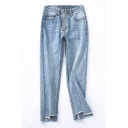 Zipper Front High Waist Panel Asymmetric Fringe Cuffs Straight Cropped Jeans