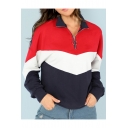Casual Zipper Front Lapel Collar Color Block Long Sleeve Sweatshirt