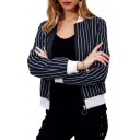 Contrast Stand Up Collar Striped Printed Long Sleeve Zip Up Jacket