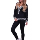 Contrast Striped V Neck Long Sleeve Leisure Top with Skinny Pants Co-ords