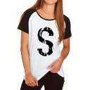 Color Block Raglan Short Sleeve S Letter Printed Round Neck Casual Tee