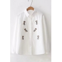 Fox Embroidered Lapel Collar Long Sleeve Button Front Casual Shirt