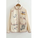 Contrast Trim Letter Strawberry Embroidered Button Front Lapel Collar Long Sleeve Jacket