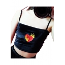 Fire Heart Embroidered Spaghetti Straps Sleeveless Crop Cami