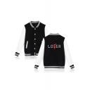 LOVER Letter Printed Contrast Striped Trim Color Block Long Sleeve Button Closure Baseball Jacket