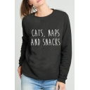 CATS NAPS AND SNACKS Letter Print Round Neck Long Sleeve Sweatshirt