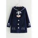 Cat Embroidered Sailor Collar Button Front Long Sleeve Coat
