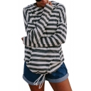 Striped Long Sleeve Drawstring Waist Casual Hoodie