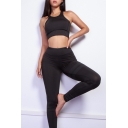 Sports Round Neck Sleeveless Crop Tank with High Waist Contrast Striped Leggings Co-ords