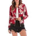 Crane Printed Stand Up Collar Long Sleeve Zip Up Fashion Jacket