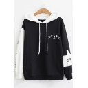 Cat Embroidered Drawstring Hood Color Block Leisure Hoodie