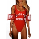 BEACH Letter Print Round Neck Sleeveless One Piece Swimwear