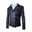 Cool Notched Lapel Collar Offset Zip Closure Long Sleeve Slim Crop Leather Jacket