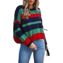 Chic Color Block Round Neck Dropped Shoulders Long Sleeve Loose Sweater