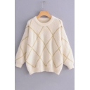 Geometric Bright Silk Detail Round Neck Long Sleeve Pullover Sweater