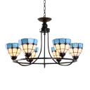 Blue Stained Glass 6/8-Light Mediterranean Inverted Chandelier in Black Finish