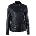 Quilted Stand Collar Long Sleeve Plain Offset Zipper Front Slim Leather Jacket