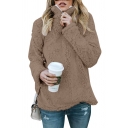 Zipper Front High Collar Long Sleeve Plain Faux Fur Sweatshirt