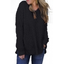 V Neck Long Sleeve Plain Casual Loose Hooded Sweater for Woman