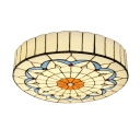 Tiffany Stained Glass White Flushmount Light Featuring Lily Motif and Jewels