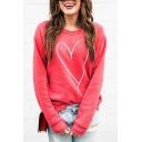 Heart Embroidered Round Neck Long Sleeve Casual Sweatshirt