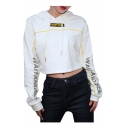 Letter Print Contrast Piping Long Sleeve Cropped Hoodie