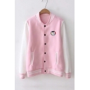Contrast Striped Trim Dog Embroidered Color Block Long Sleeve Button Front Baseball Jacket