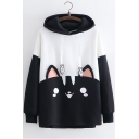 Cat Pattern Color Block Fish Embroidered Detail Drawstring Hood Long Sleeve Hoodie