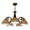 5/8 Lights Tiffany Stained Glass Dragonfly Patterned Chandelier in Wrought Iron Style
