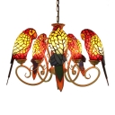 Tiffany Stained Glass 5-Bulb Red/Yellow Parrot Shade Chandelier in Brass Finish