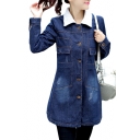 Lapel Collar Long Sleeve Button Front Sherpa Lined Denim Coat