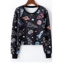 Cartoon Rocket Print Round Neck Long Sleeve Cropped