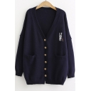 Rabbit Embroidered Button Front Long Sleeve Tunic Cardigan with Pockets