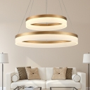 Modern Brass Tiered Frosted Shade LED Circular Ring Chandelier wIith Adjustable Height 5 Sizes for