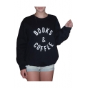BOOKS Letter Print Round Neck Long Sleeve Pullover Sweatshirt