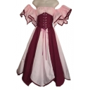 Classic Vintage Off The Shoulder Color Block Lace Up Detail Midi A-Line Dress