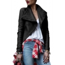 Chic Lapel Collar Plain Long Sleeve Offset Zip Closure Cropped Leather Jacket
