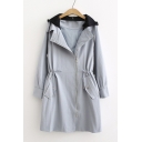 Chic Long Sleeve Drawstring Waist Offset Zip Closure Trench Coat with Contrast Detachable Hood