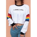 I DIG YOU Letter Contrast Striped Long Sleeve Round Neck Cropped T-Shirt