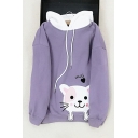 Lovely SMILE Letter Cat Embroidered Contrast Hood Long Sleeve Hoodie