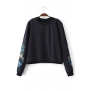 Crew Neck Floral Embroidered Long Sleeve Cropped Sweatshirt
