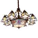 Nautical Style Sailboat Motif Stained Glass Shade Chandelier with Center Bowl