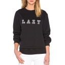 LAZY Letter Pattern Round Neck Long Sleeve Pullover Sweatshirt